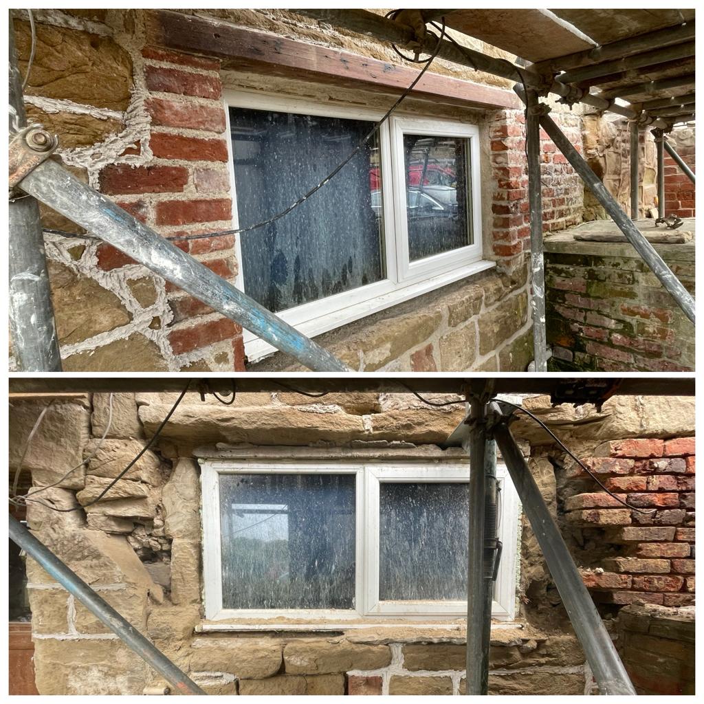 Wooden lintel installation using hot lime mortar on a grade II listed farm house 