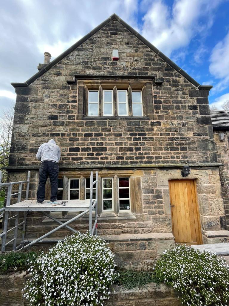 Listed building conservation. Removing cement in Chapelthorpe, West Yorkshire