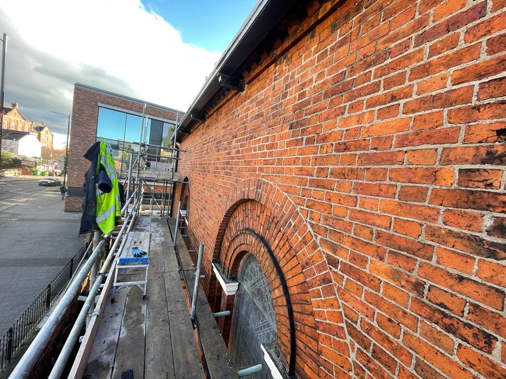 Heritage Brickwork. Archway repairs including hot lime pointing at Westgate Unitarian Chapel a grade two ster listed building in Wakefield West Yorkshire
