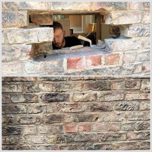Bricking up a drier vent with the apprentice in York using matching hot lime mortar
