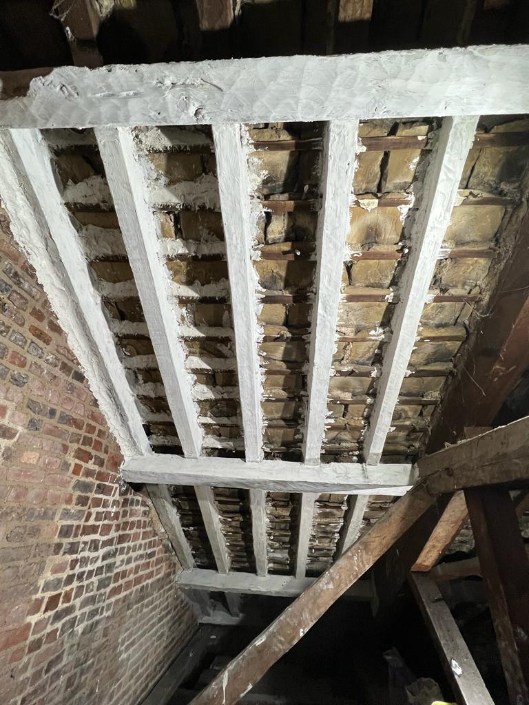Lime washing the roof timbers in a Grade two star chapel in Wakefield to prevent rot and bug infestations